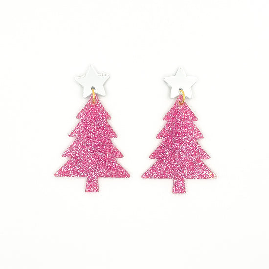 Pink Glitter Holiday Tree Earrings