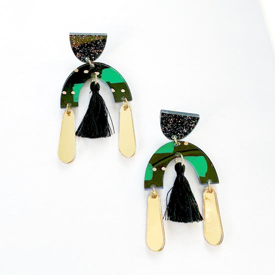 Load image into Gallery viewer, Eleanor Green and Black Dangles - Hand Painted
