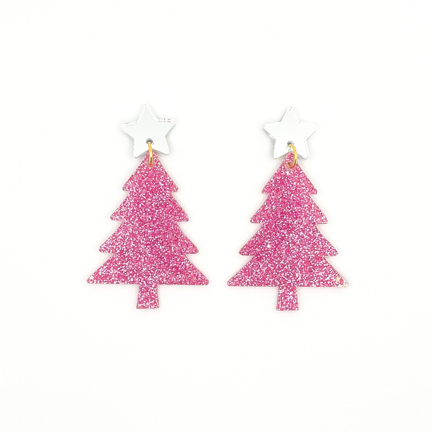 Pink Glitter Holiday Tree Earrings